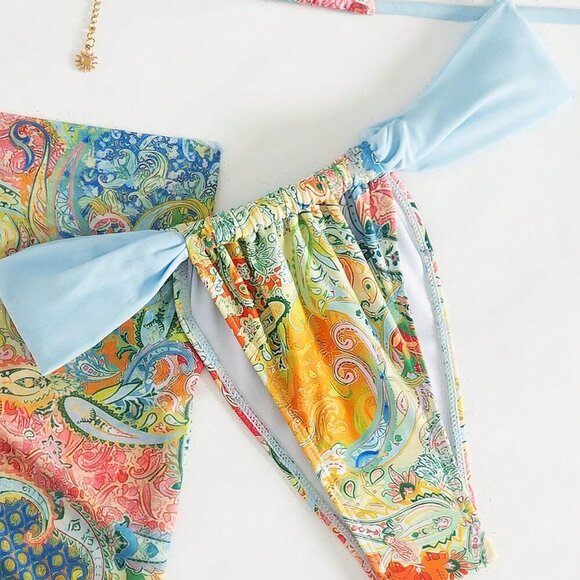Multicolor Boho Women's Paisley Print Lightweight 3-Piece Bikini Set - Picture 5 of 6